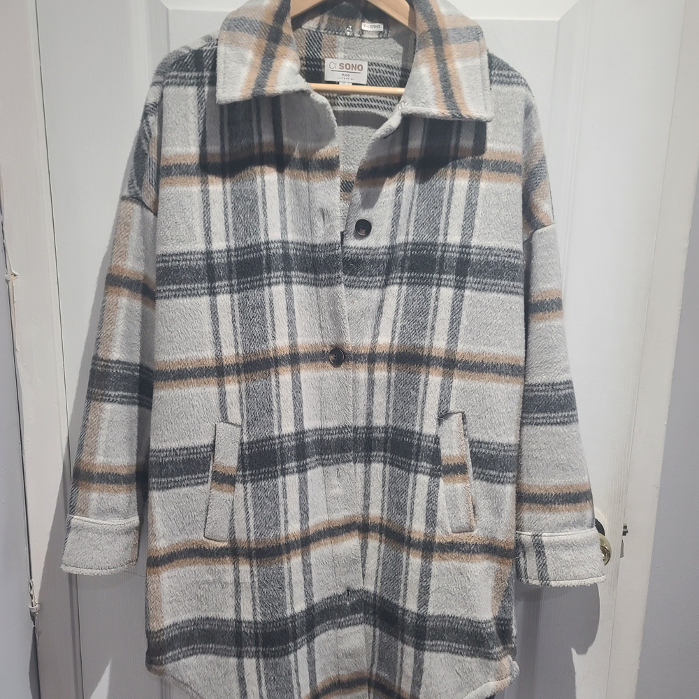 Ci Sono Plaid Cape - Gray, Black, and Tan